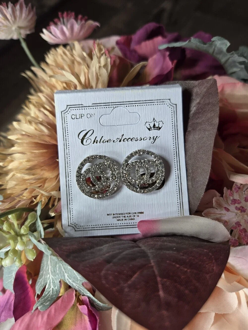 NWT Chloe Accessory Double Circle Silver Crystal Clip-On Earrings Women's